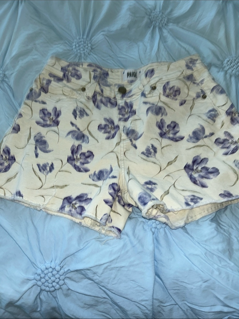 PAIGE creamy White Denim Shorts with purple Blue Floral Print